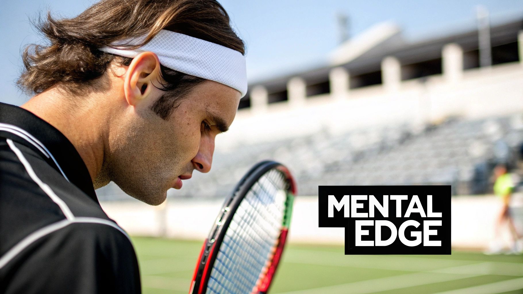 A focused male tennis player in a white headband with a racket on a court.