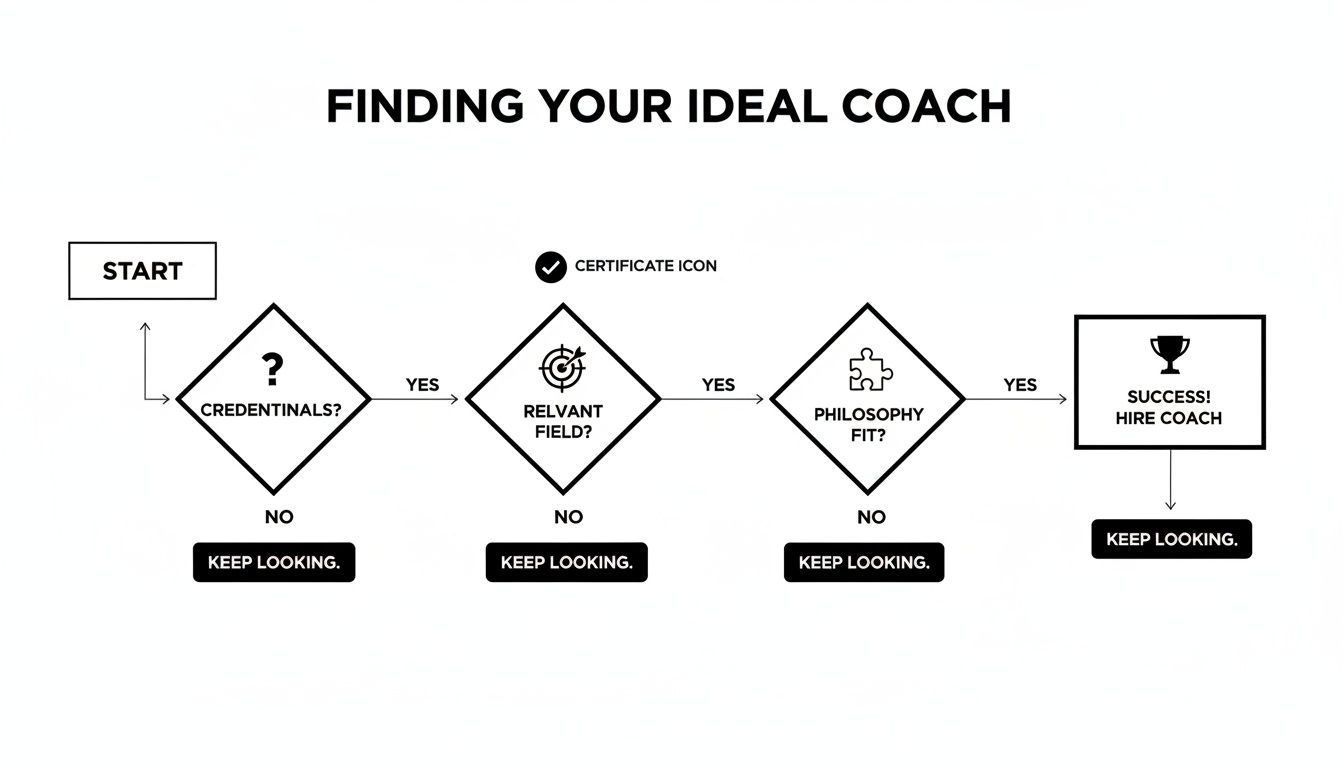Flowchart guiding users on finding an ideal coach, covering credentials, relevant field, and philosophy fit.