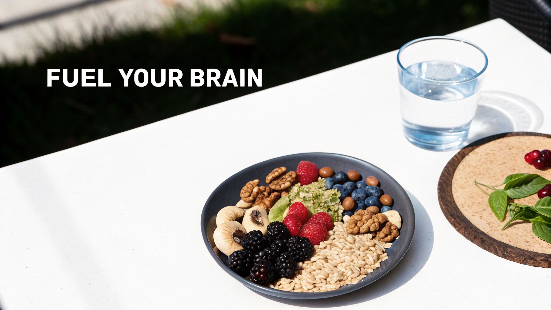 A healthy meal with berries, nuts, seeds, and water on a white table for brain health.