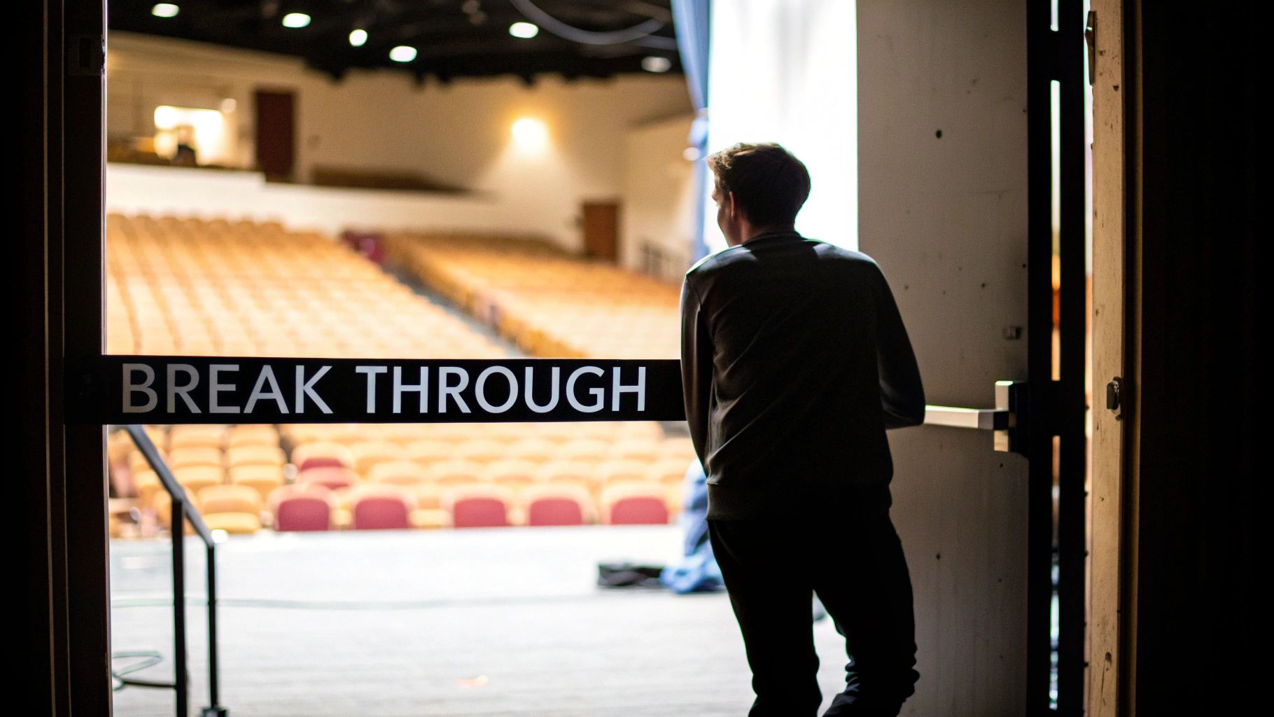 Man looking through a doorway with a "BREAK THROUGH" sign into an empty auditorium.