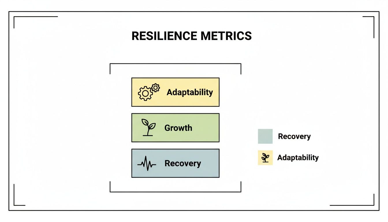 An infographic outlining resilience metrics: Adaptability, Growth, and Recovery, with corresponding icons.