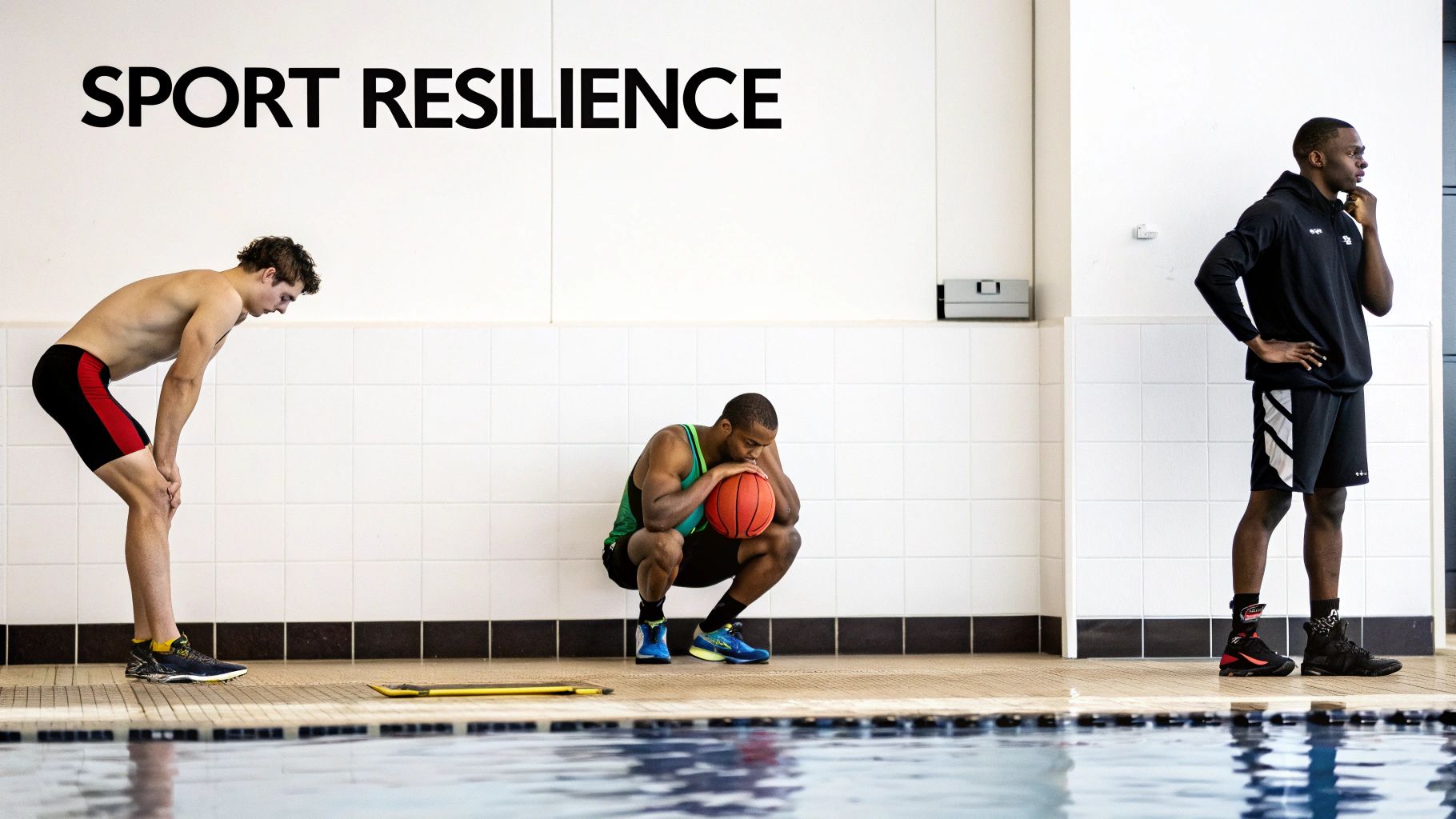 Three male athletes showing various states of fatigue and resilience during sport training near a pool.