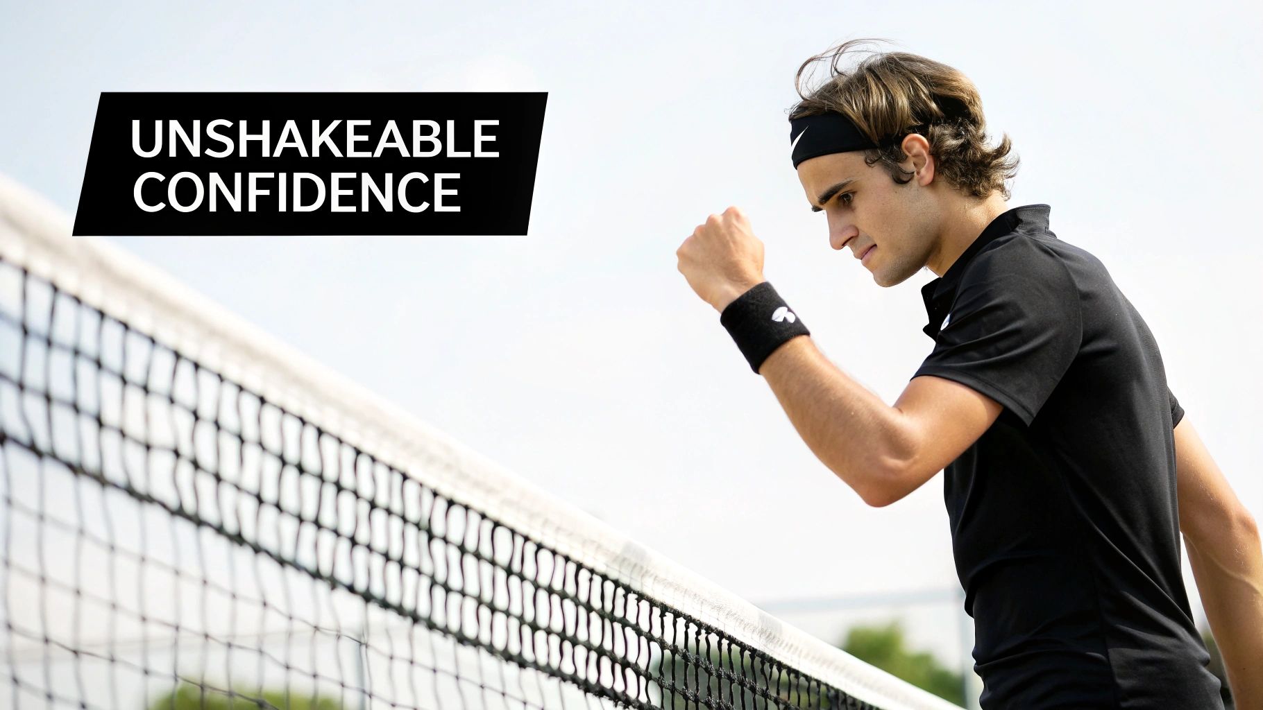 A determined tennis player with a Nike headband clenches his fist by the net, embodying unshakeable confidence.
