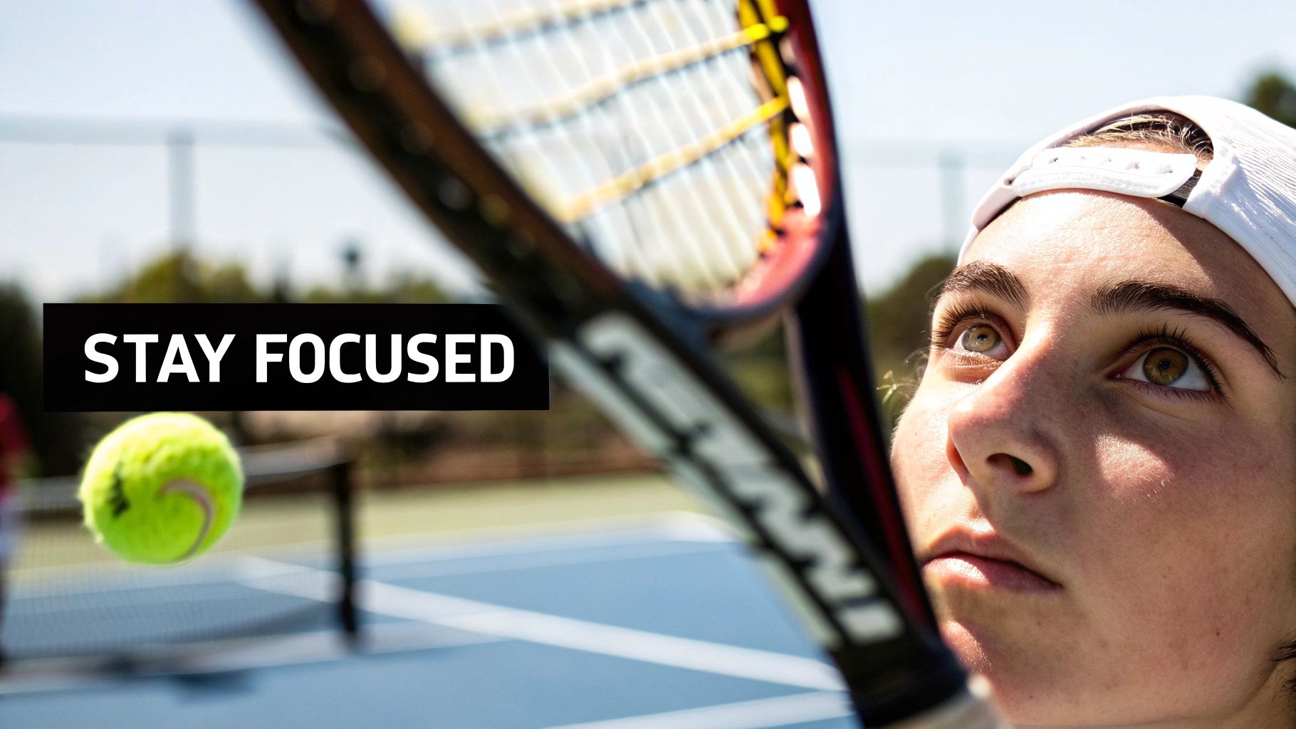 A determined tennis player looks up at a yellow tennis ball with a racket nearby, 'STAY FOCUSED' message.