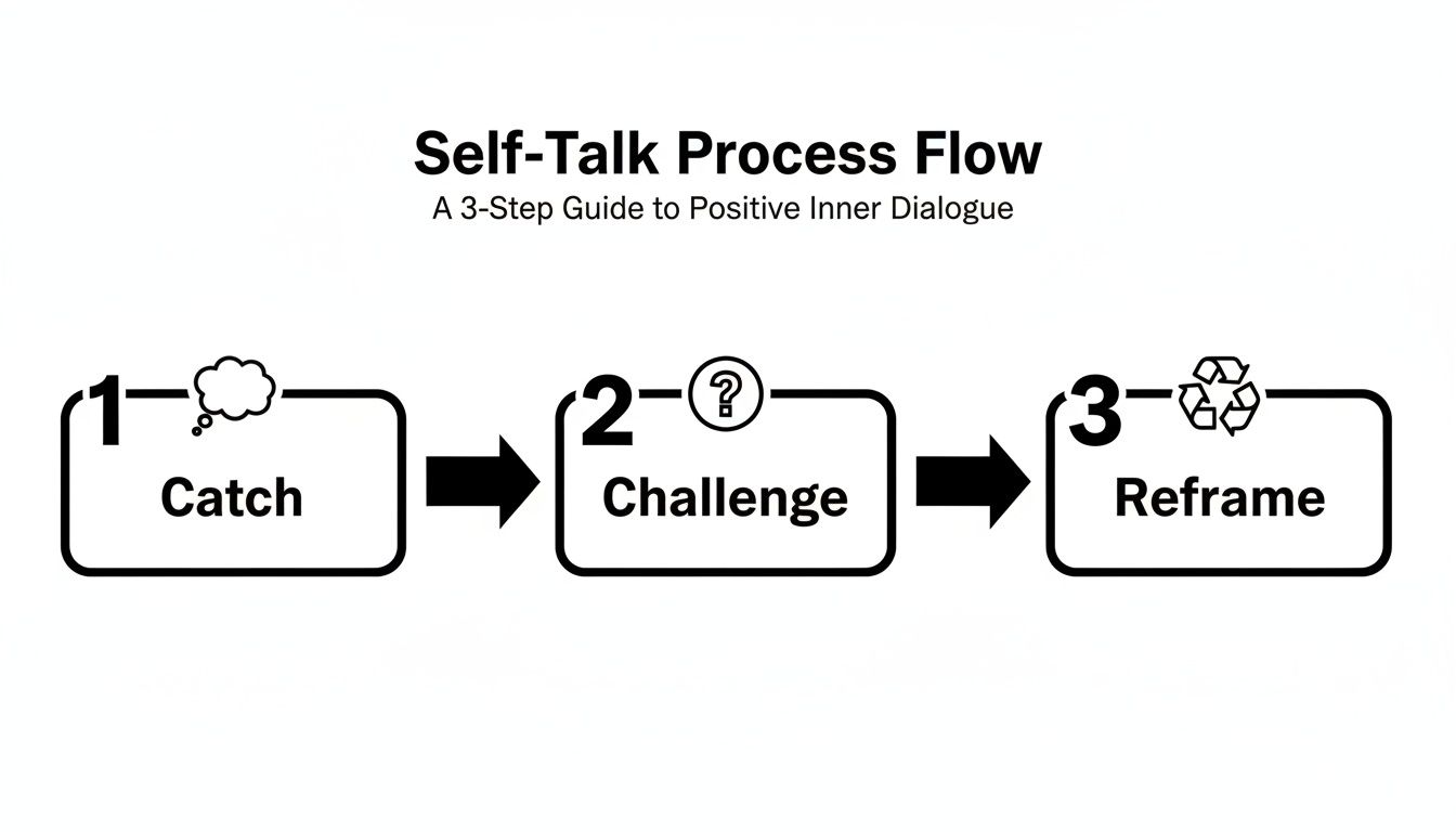 A 3-step self-talk process flow for positive inner dialogue: Catch, Challenge, and Reframe.