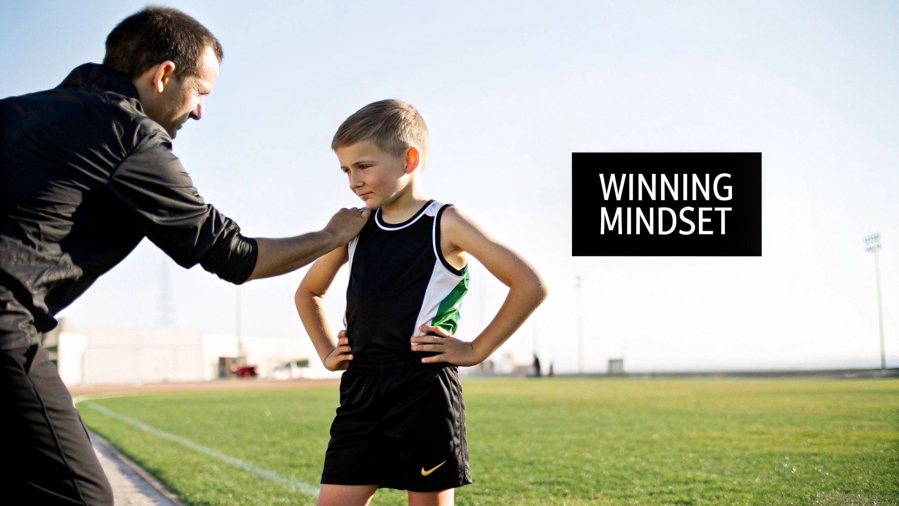 A coach encourages a young boy in a sports uniform on a track field, with 'WINNING MINDSET' text overlay.