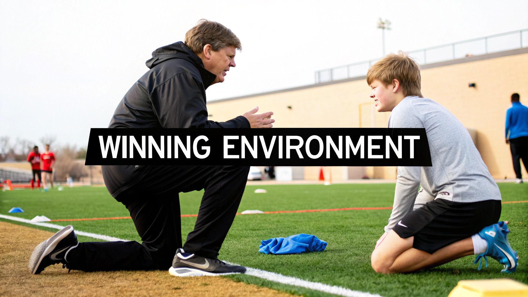 A coach kneels on a sports field, intently instructing a young male athlete, fostering a "Winning Environment".