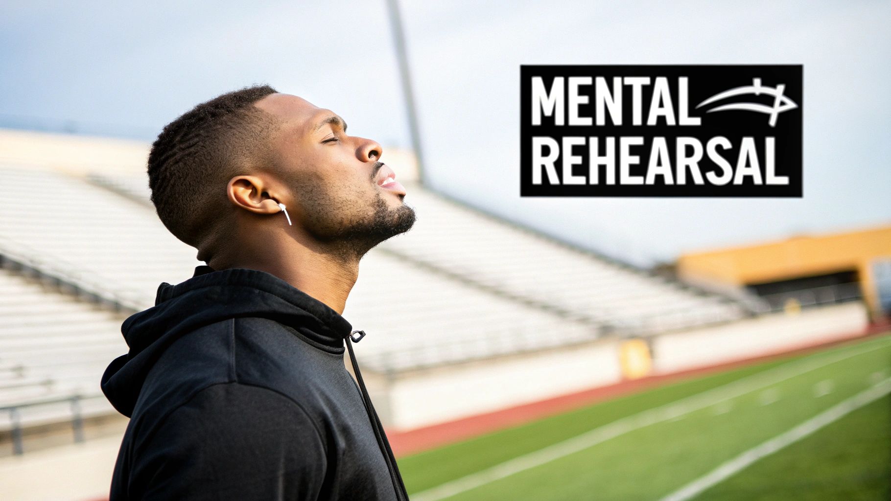 A male athlete with eyes closed and earbud, engaging in mental rehearsal at a stadium.