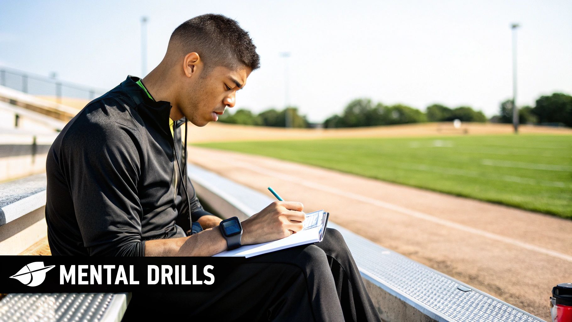 A focused man in athletic wear writes in a notebook on stadium bleachers during a mental drill.