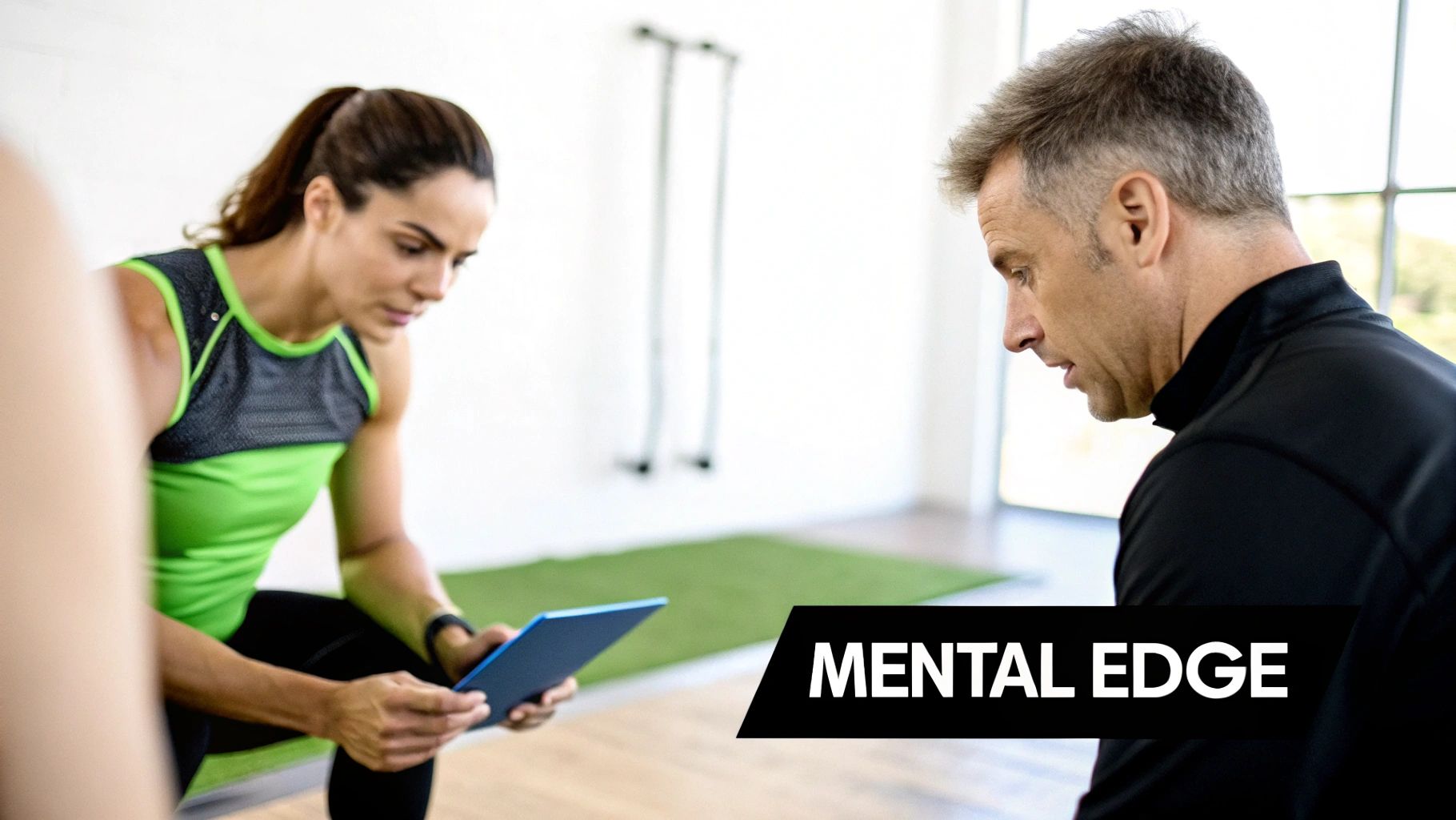 A female coach in athletic wear shows a digital plan on a tablet to her male client in a gym.