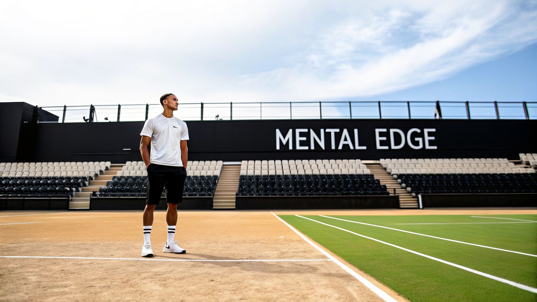 Young male athlete in white shirt on a tennis court, stadium with 'MENTAL EDGE' sign.