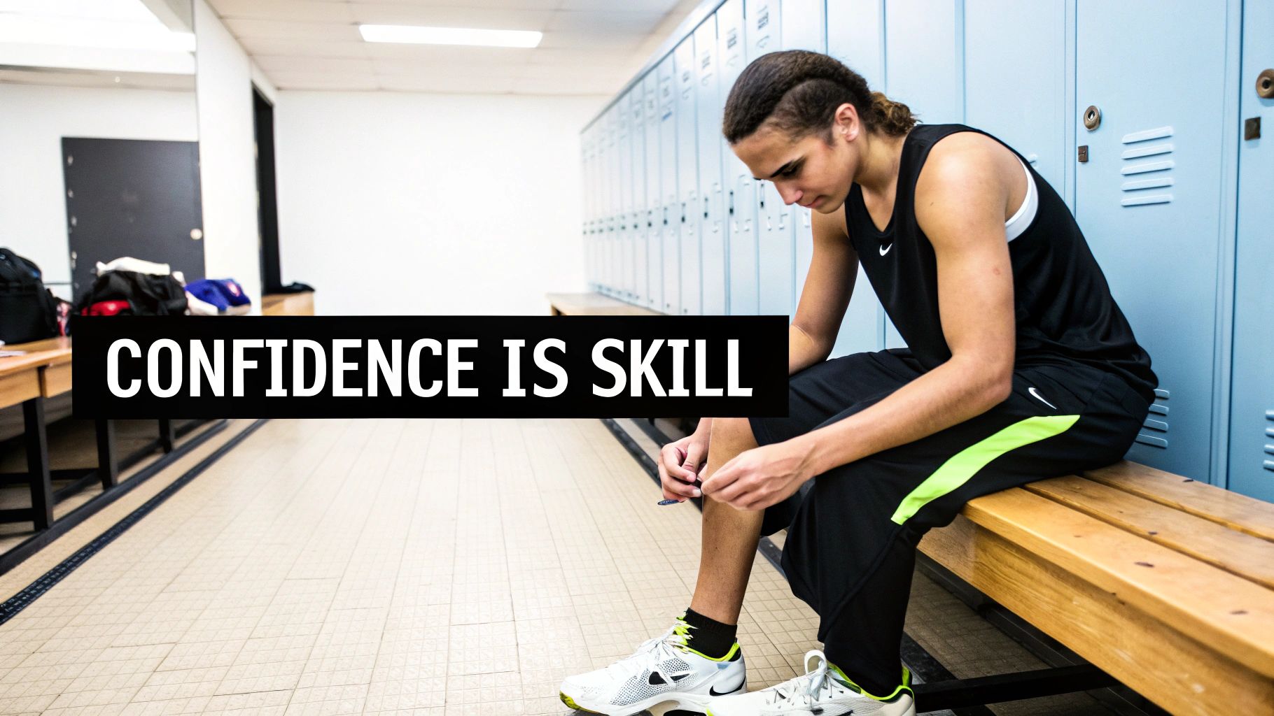 A focused athlete tying shoelace on a bench in a locker room with "CONFIDENCE IS SKILL" text.