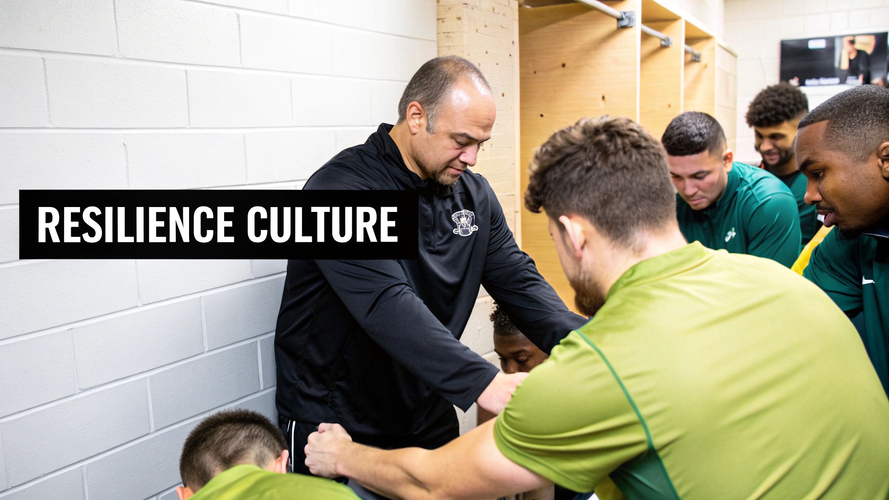 A coach engages with a group of male athletes in a locker room, promoting resilience.