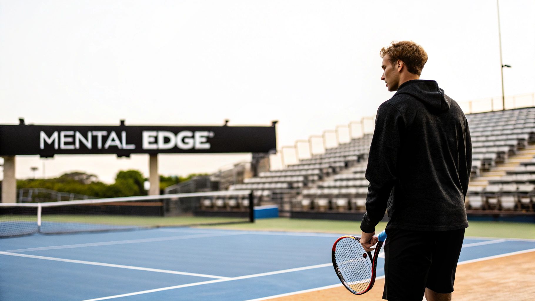 A male tennis player looks towards the "MENTAL EDGE" sign on a court with stadium seats.