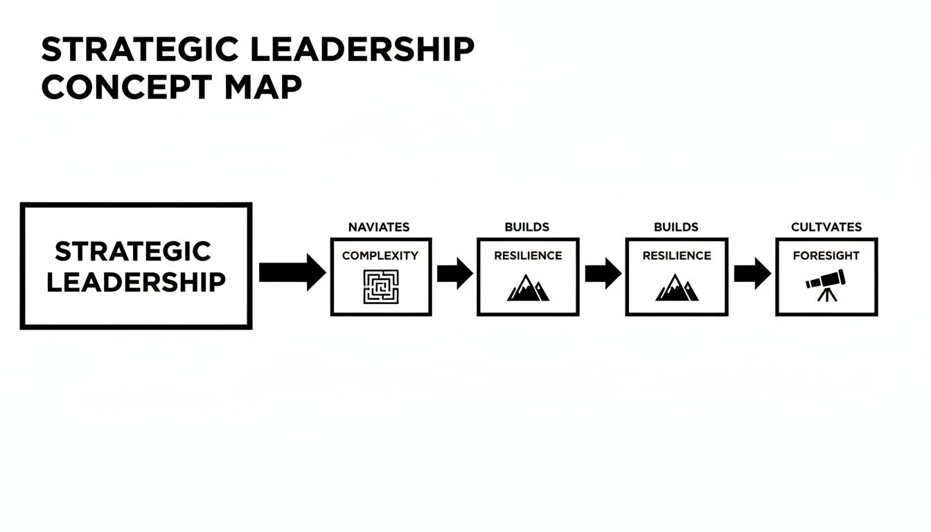 A concept map showing strategic leadership navigates complexity, builds resilience, and cultivates foresight.