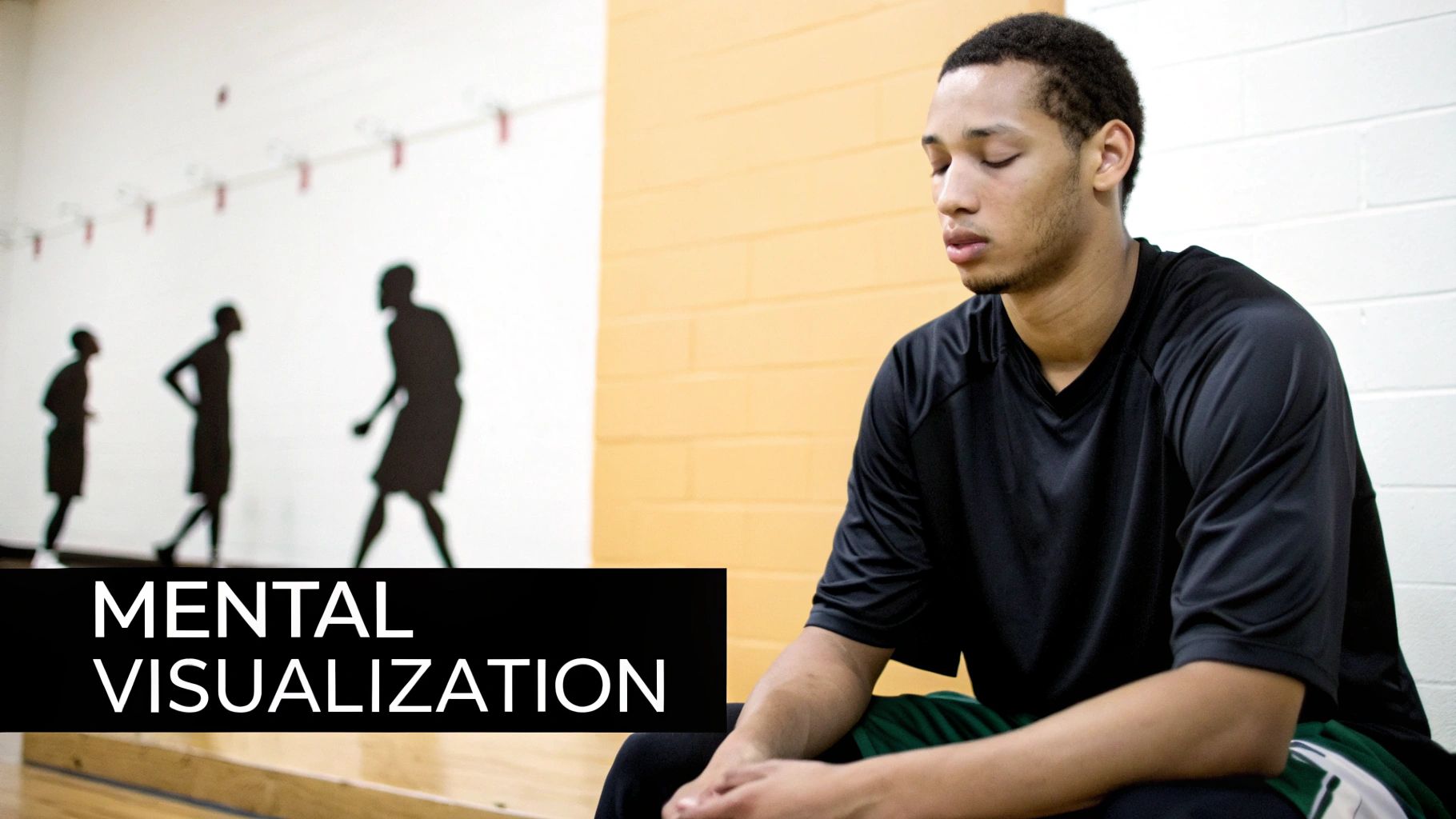 A young basketball player with closed eyes practices mental visualization, with blurred player silhouettes in the background.