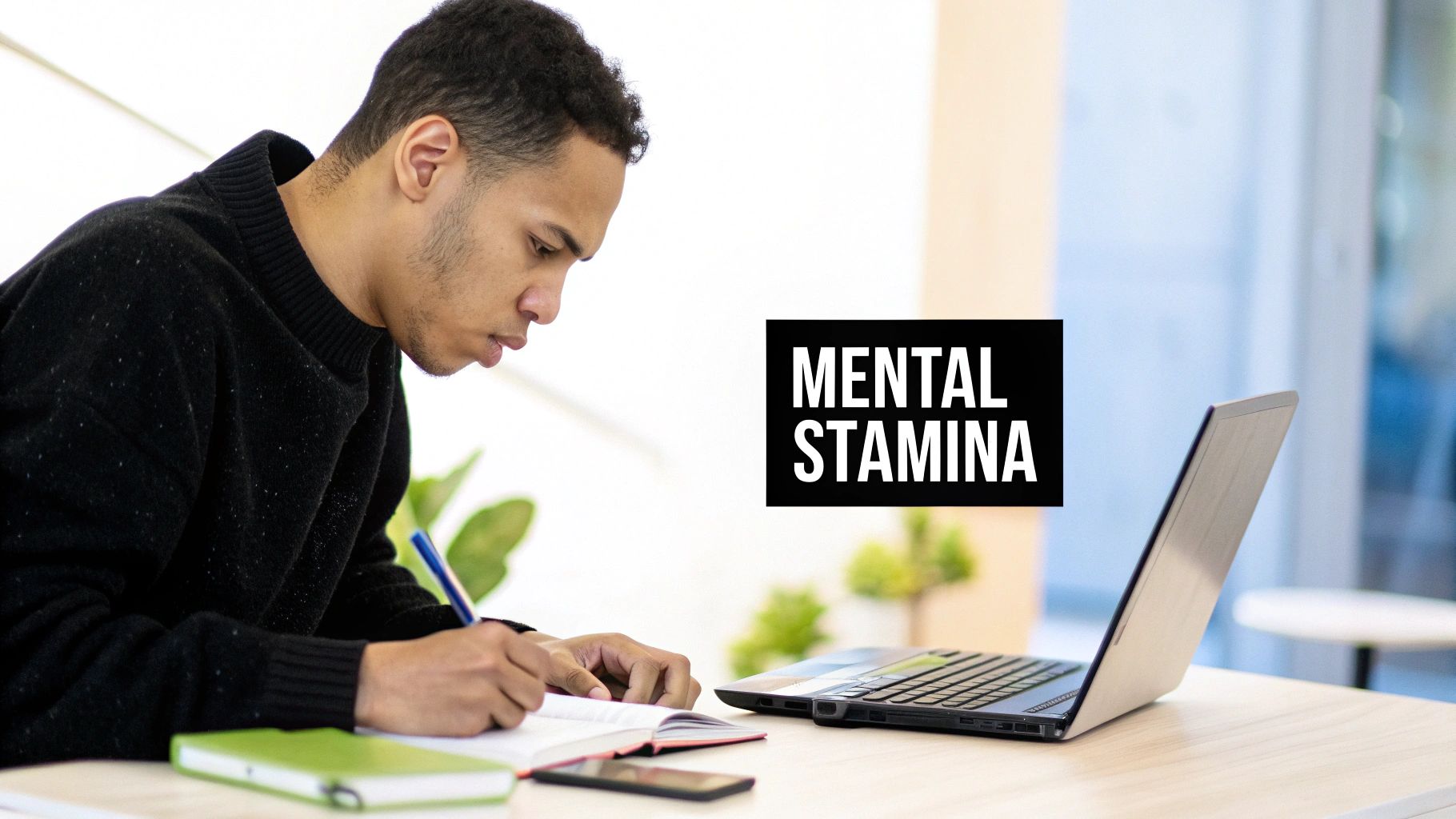 A person focused on writing in a notebook next to a laptop, with a 'MENTAL STAMINA' overlay.