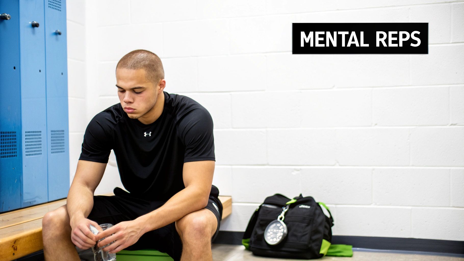 A focused athlete sits on a bench holding water in a locker room with a "MENTAL REPS" sign.