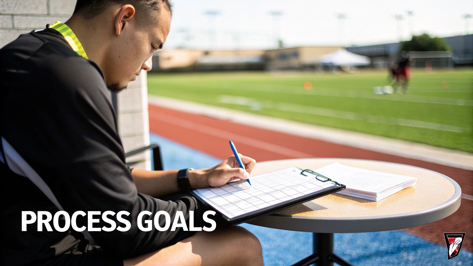 A focused person in sports attire writes on a clipboard at a track and field, setting process goals.