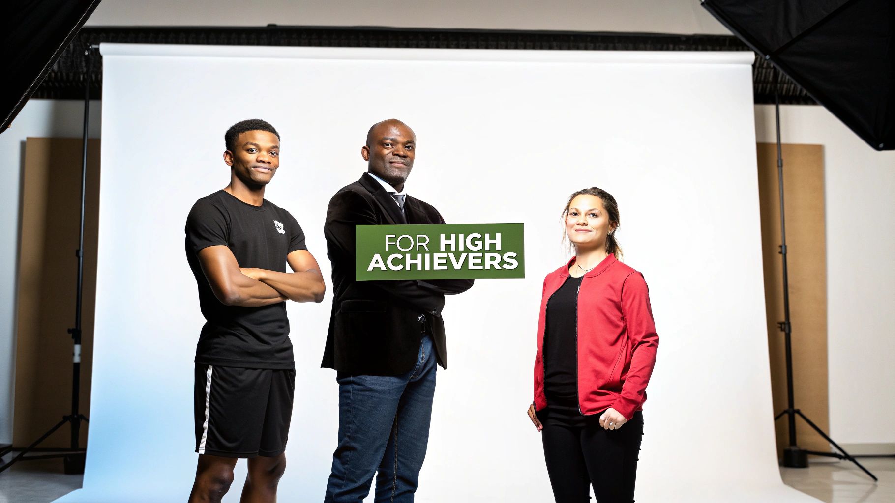 Three diverse professionals stand against a white backdrop, one holding a sign "FOR HIGH ACHIEVERS".