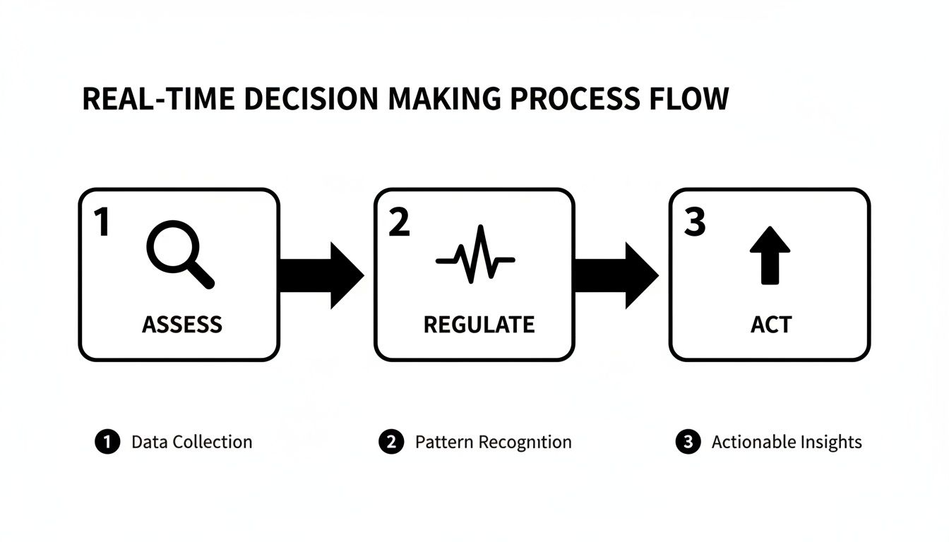 Flowchart illustrating a real-time decision-making process with three steps: Assess, Regulate, and Act.
