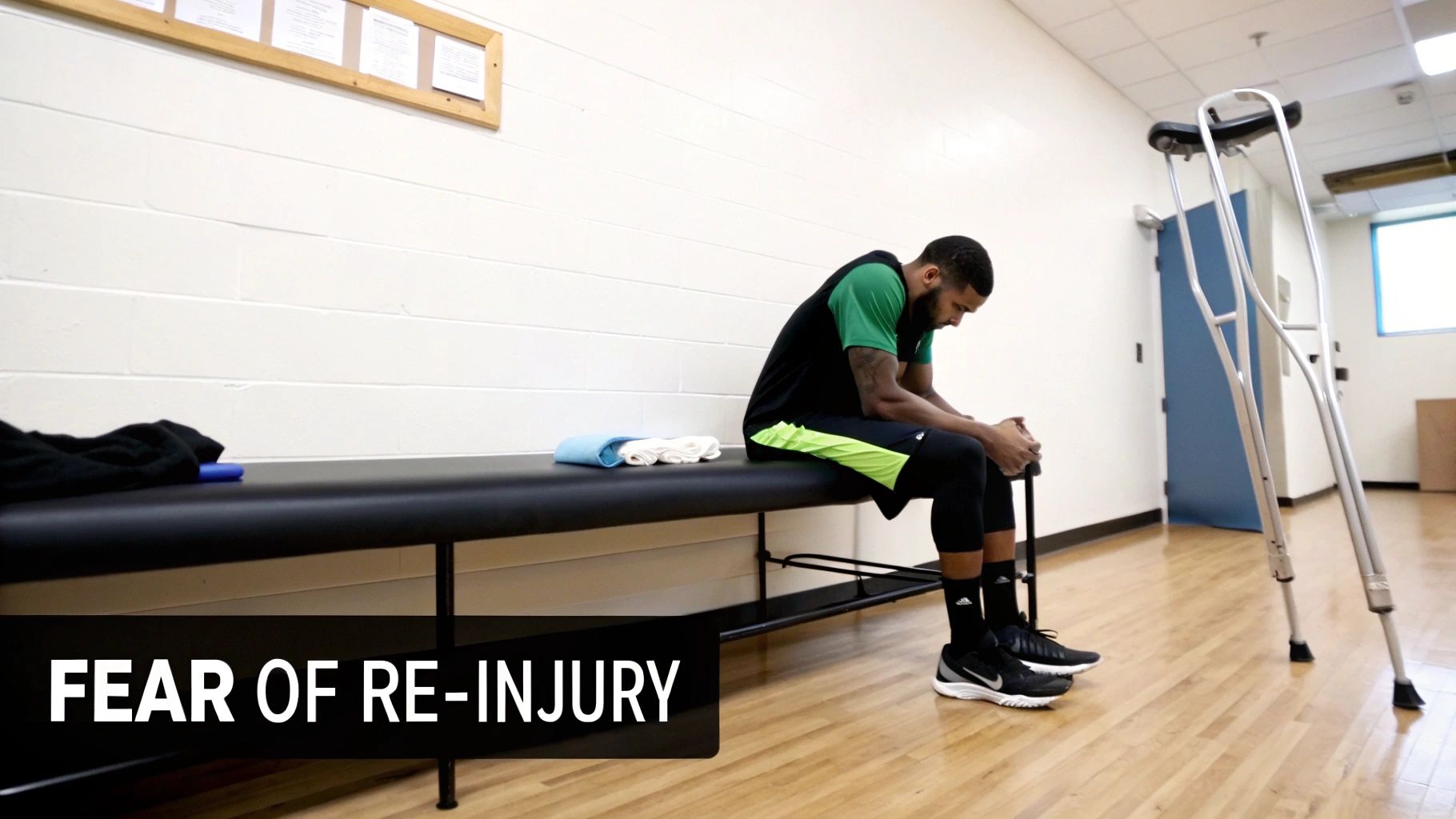 A dejected athlete sits on a therapy table with crutches nearby, reflecting on injury and fear.