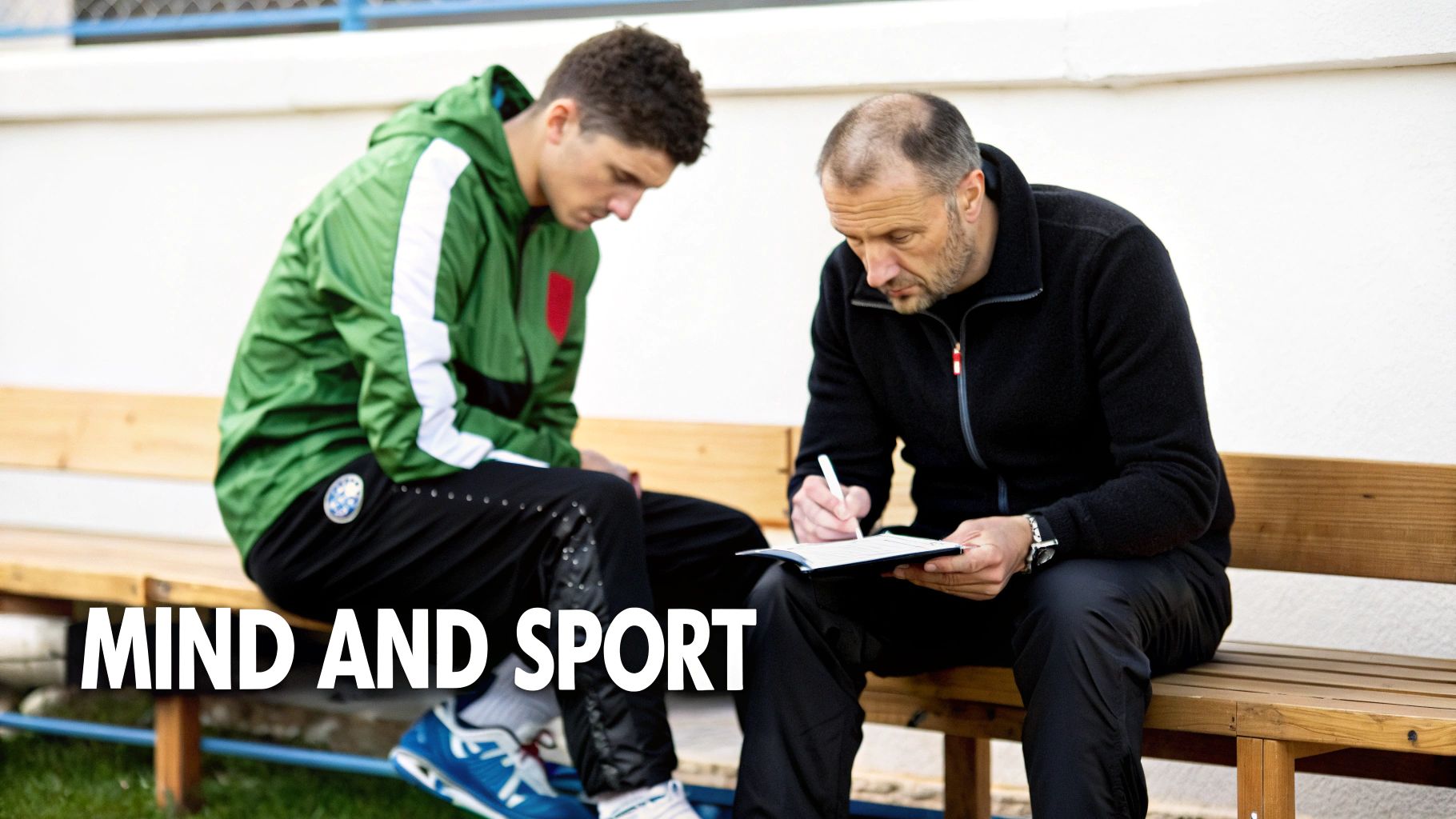 A coach writes in a notebook while an athlete listens intently on a bench, discussing sports strategy.