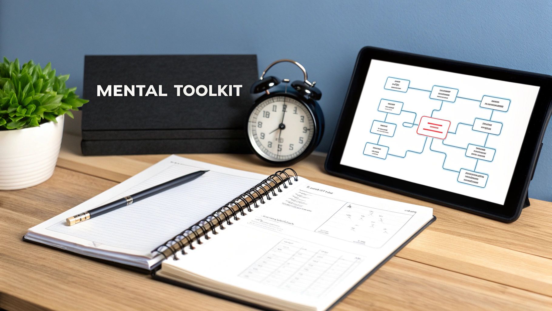 An office desk with a plant, 'Mental Toolkit' books, clock, notebook, pen, and mind map on tablet.