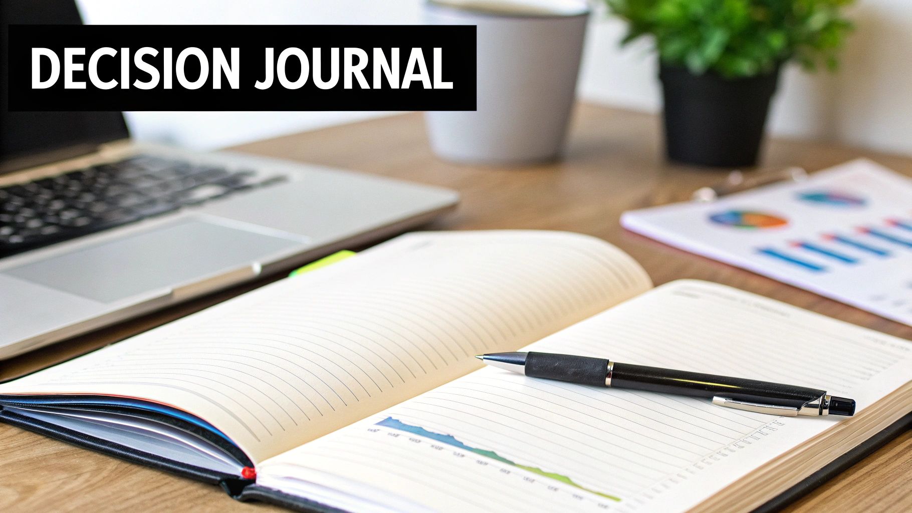 An open 'Decision Journal' with a pen on a wooden desk, alongside a laptop and business documents.