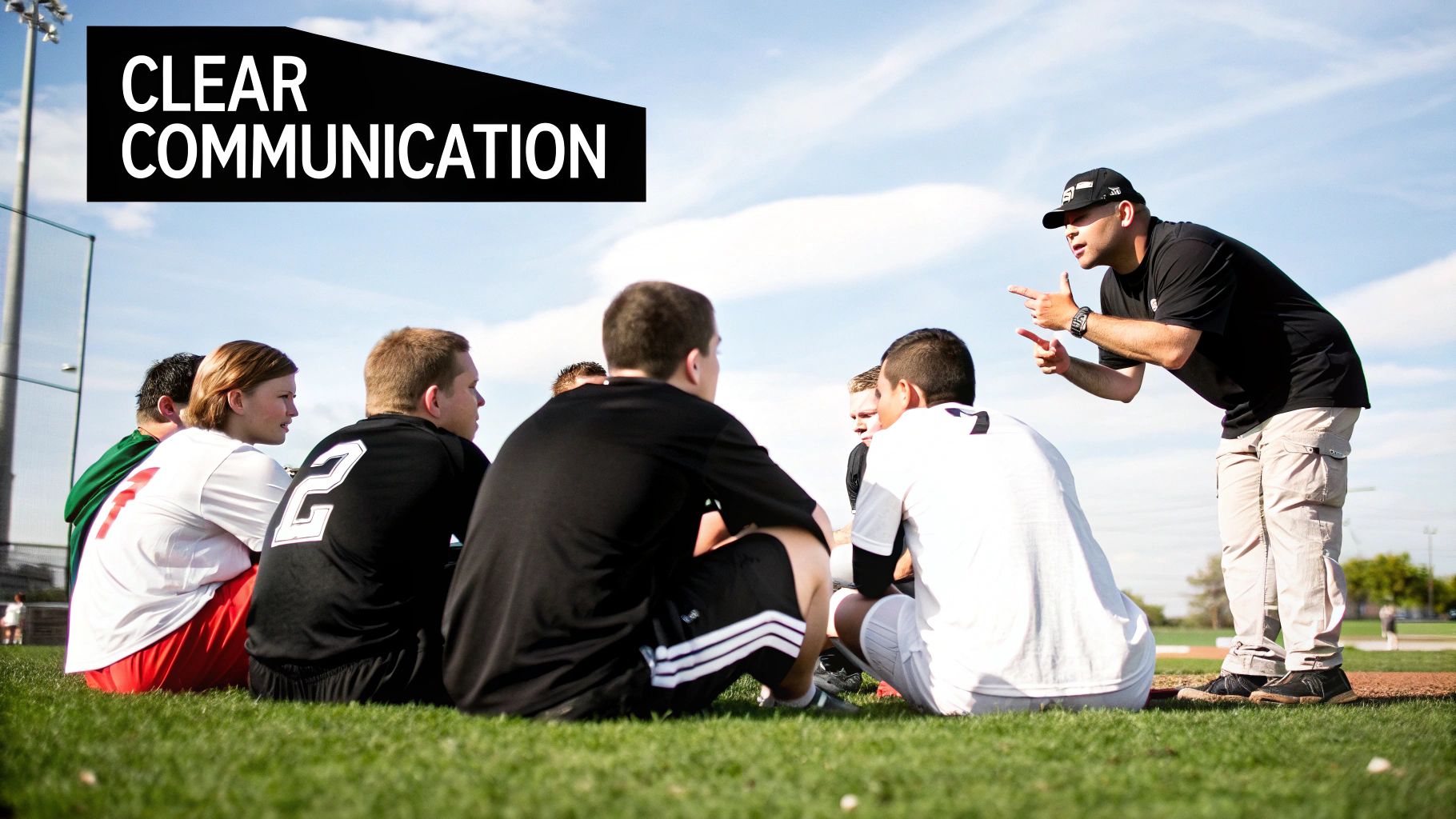 A coach speaks to a sports team sitting on the grass, promoting clear communication.