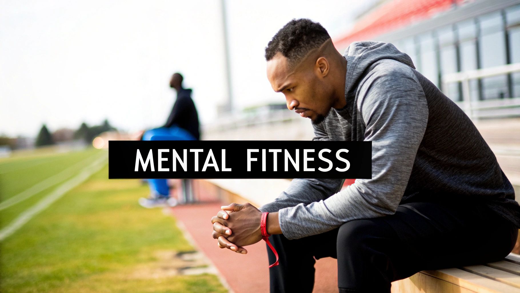 A focused man in a gray hoodie sits on a bench on a sports field, contemplating, with 'MENTAL FITNESS' overlay.