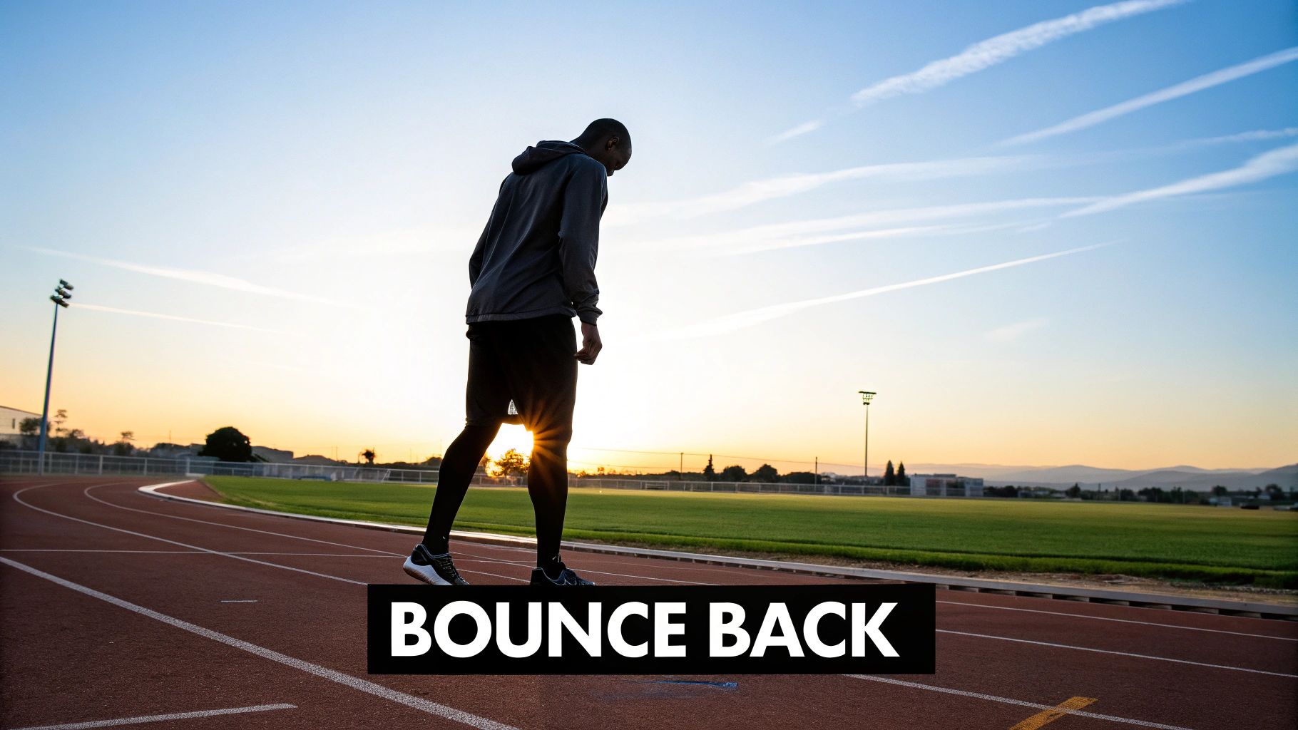 A man in silhouette stands on a running track at dawn, looking down, with 'BOUNCE BACK' text overlay.