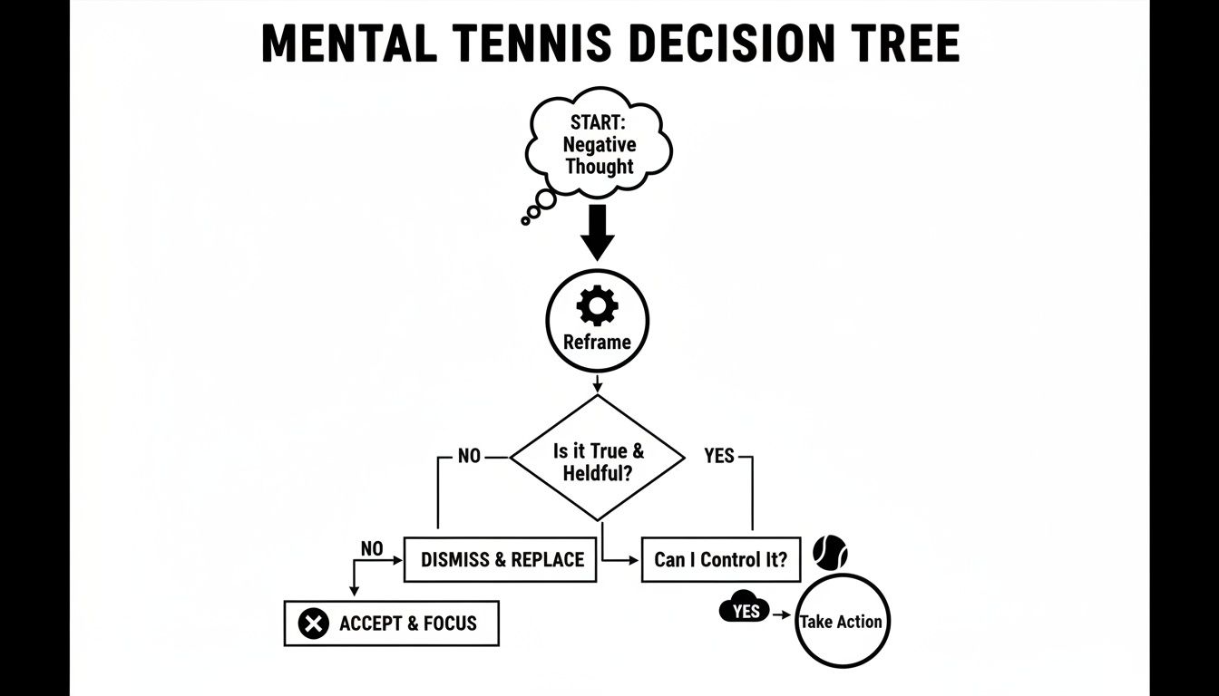 A mental tennis decision tree flowchart guiding how to process and respond to negative thoughts.