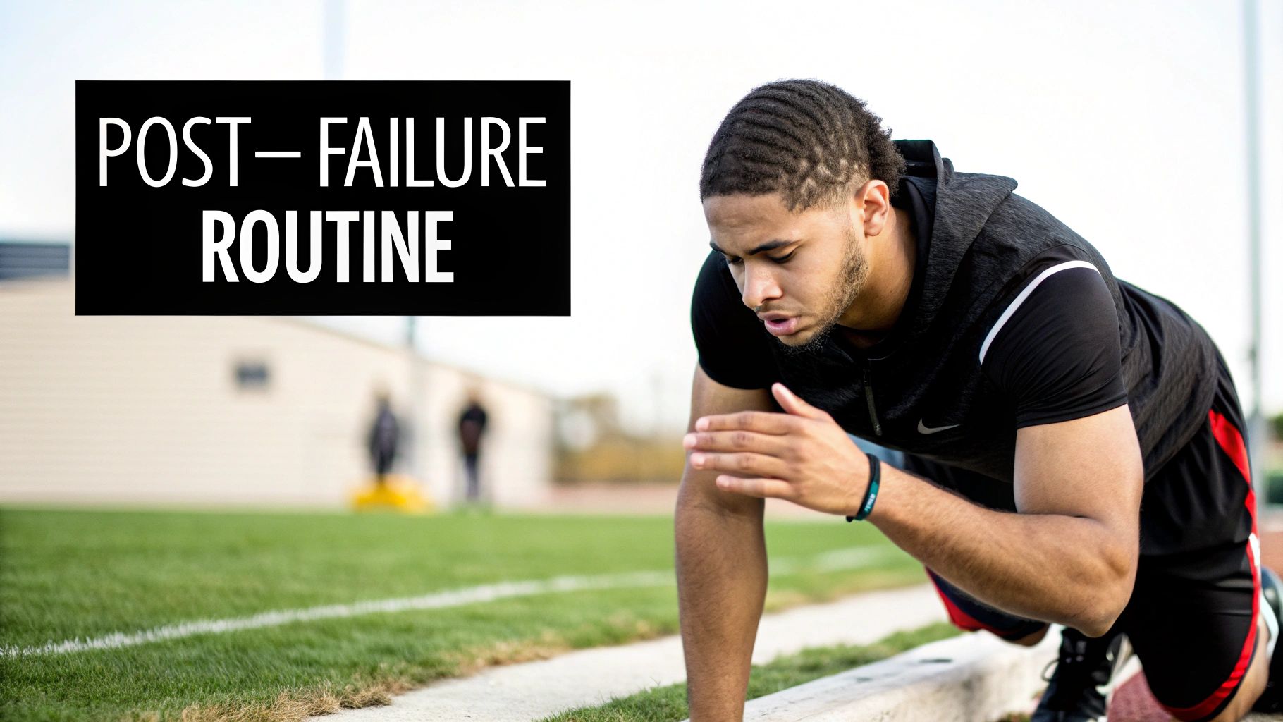 A determined athlete in athletic wear performs a push-up or plank on a track during a post-failure routine.