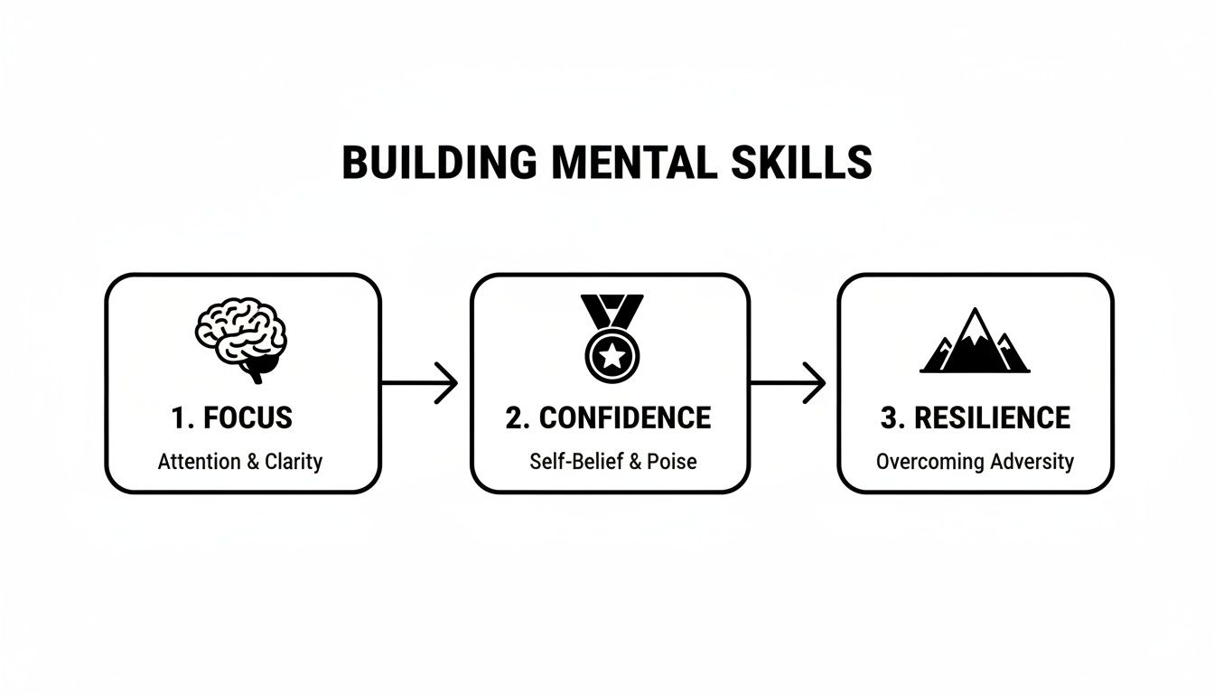 A diagram illustrating three key mental skills: focus, confidence, and resilience, for personal development.