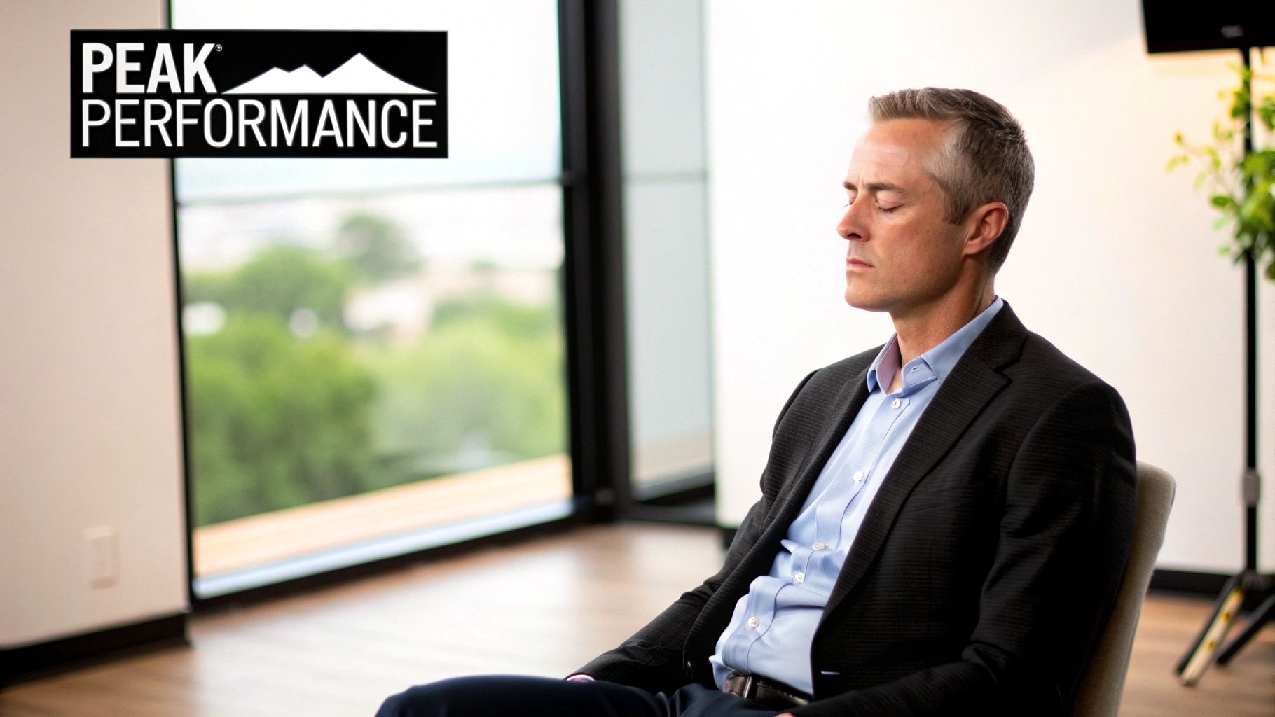 Professional man meditating in an office with a Peak Performance logo and large window.