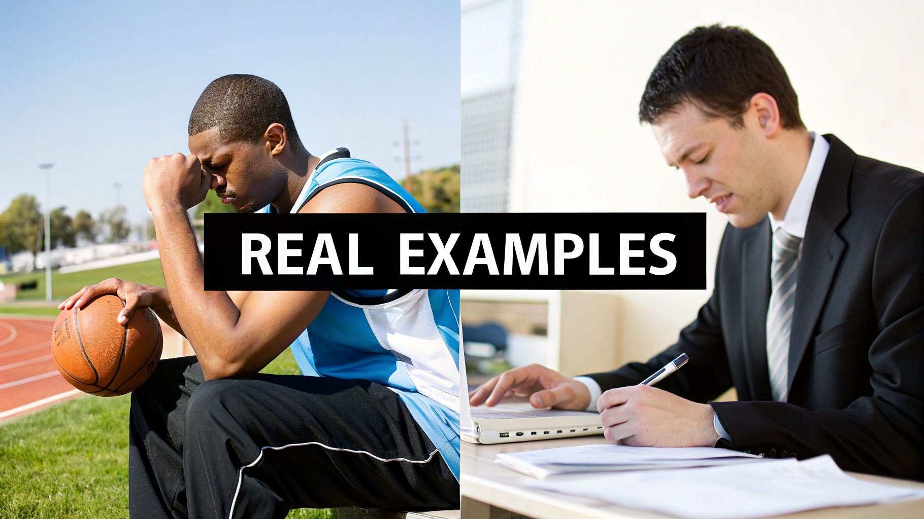 A split image showing a distressed basketball player and a focused businessman, titled 'REAL EXAMPLES'.