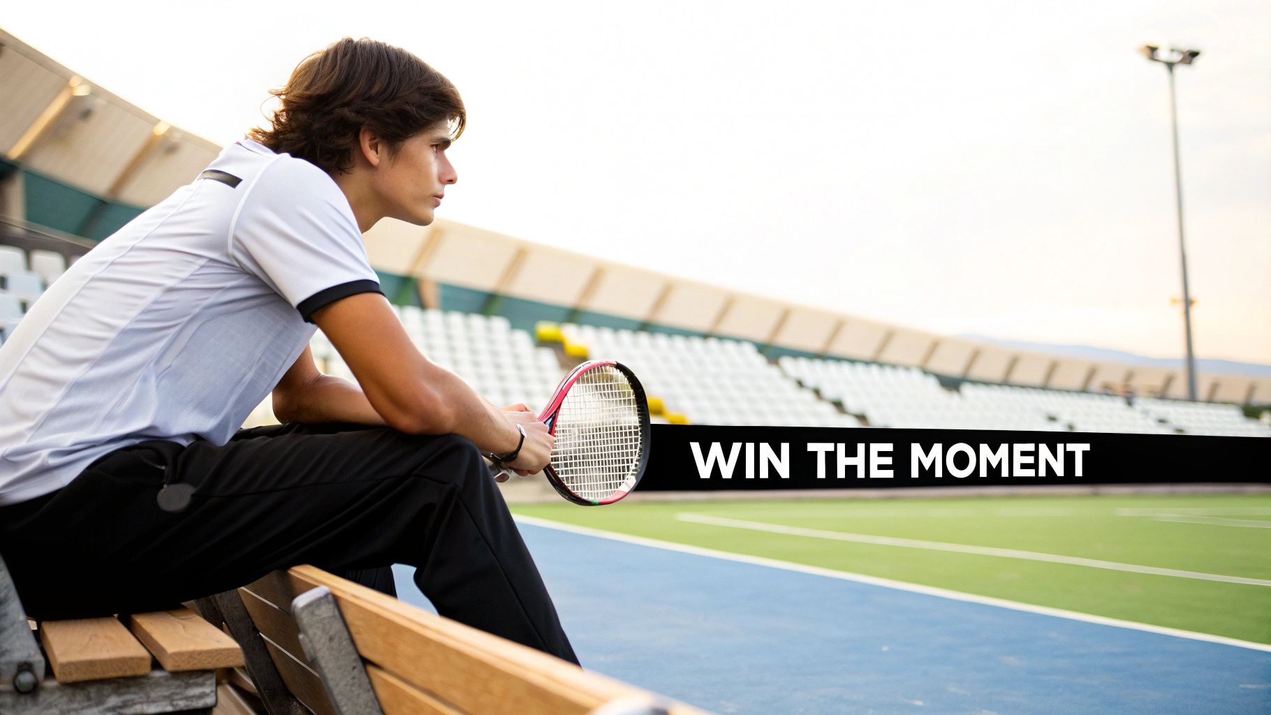 Young male tennis player sits with a racket, looking at the court and stadium, with text 'WIN THE MOMENT'.