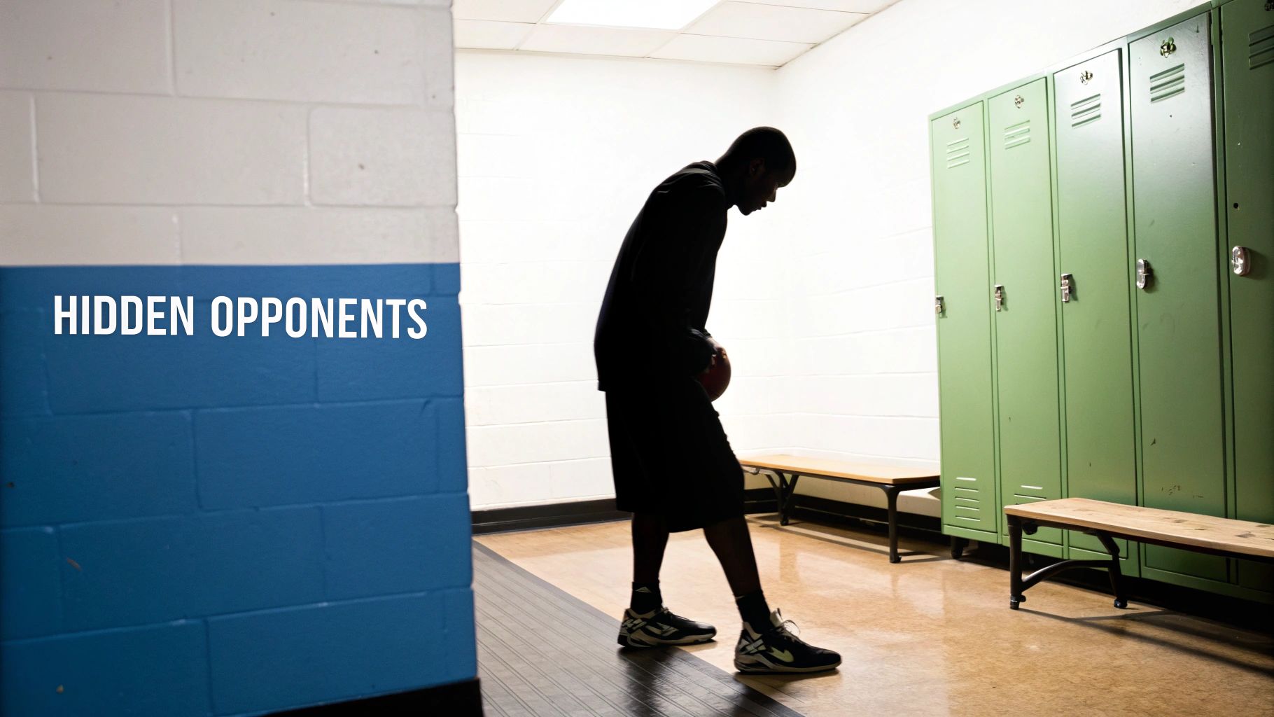 A lone athlete holding a basketball in a locker room, contemplating 'HIDDEN OPPONENTS'.