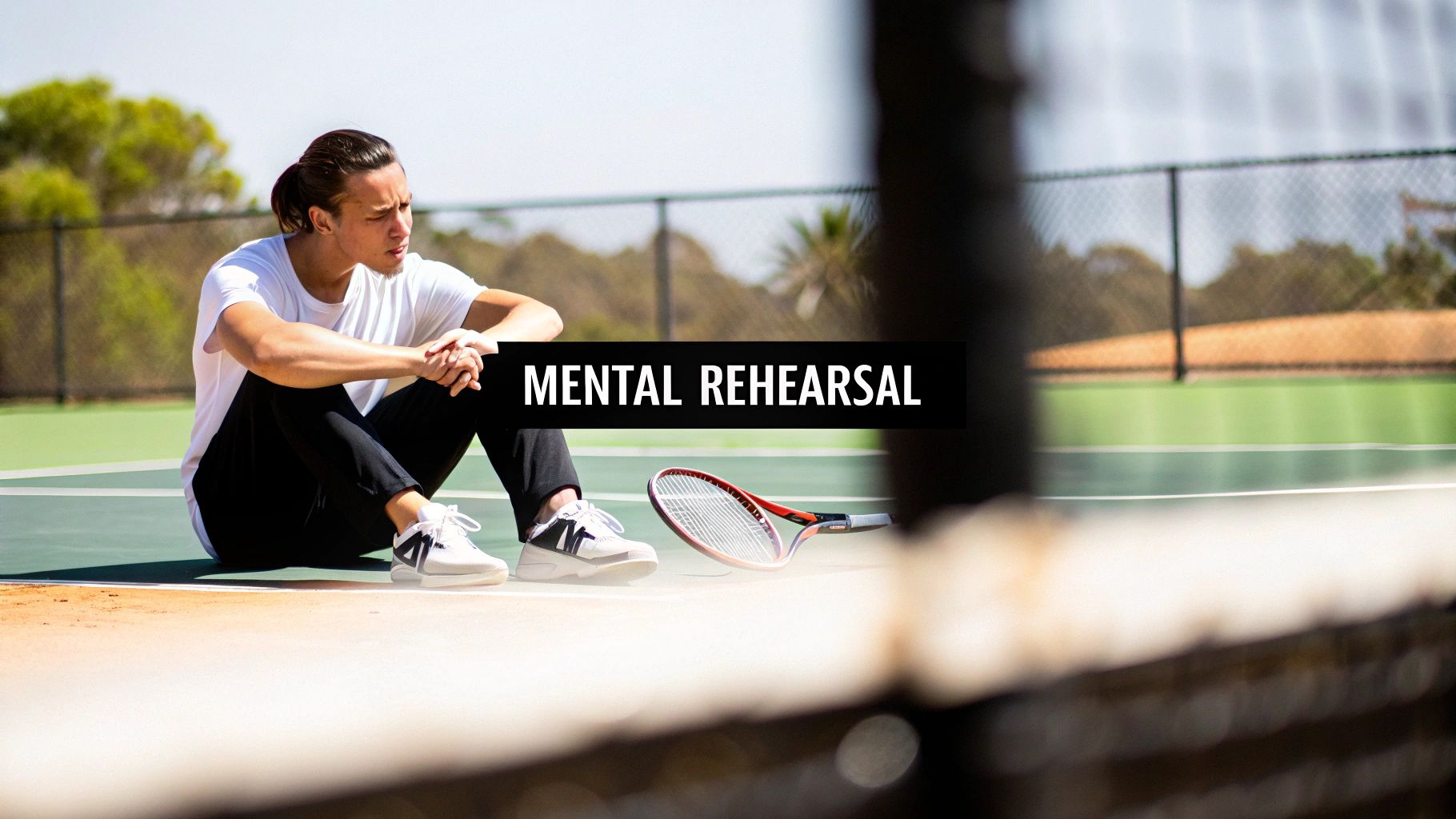 A thoughtful male tennis player sits on a green court with his racket, focusing on mental rehearsal.