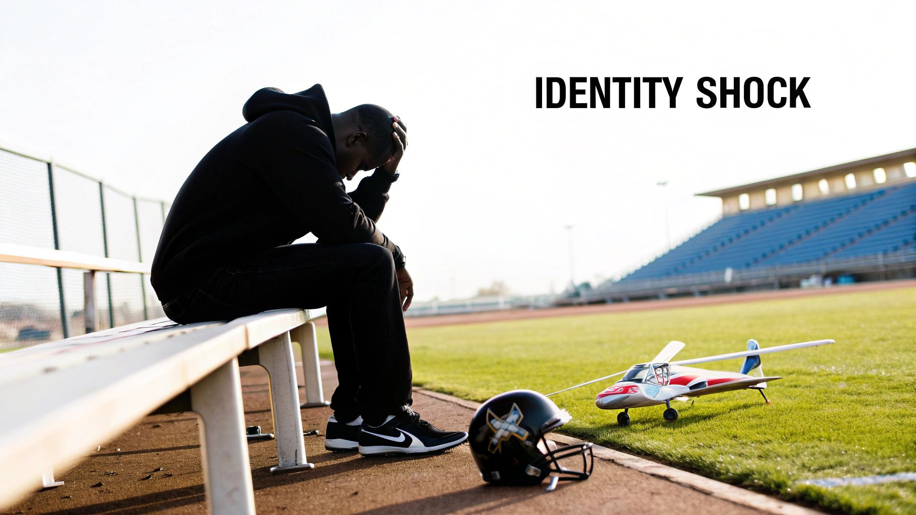 A person sits on a sports field bench, head in hands, with a football helmet nearby, appearing distressed.