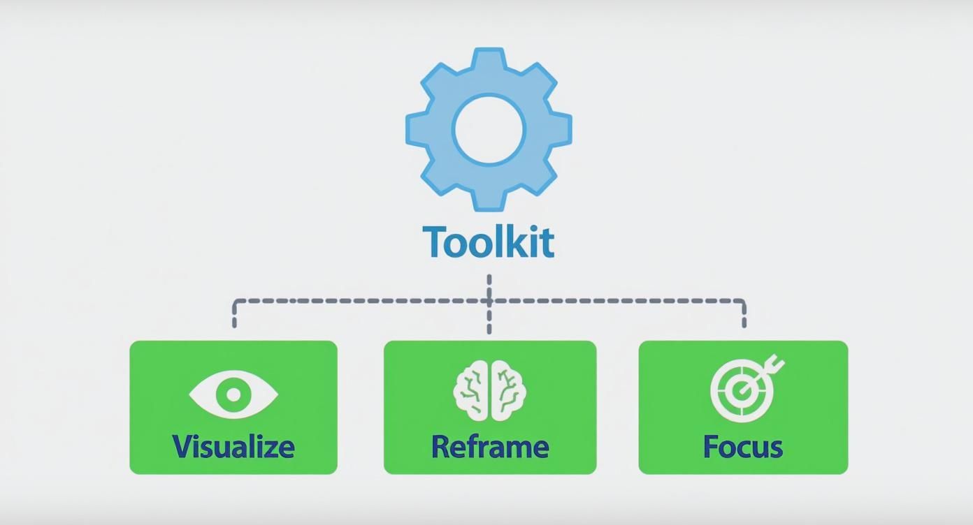 Diagram of a 'Toolkit' with 'Visualize', 'Reframe', and 'Focus' components for mental strategies.