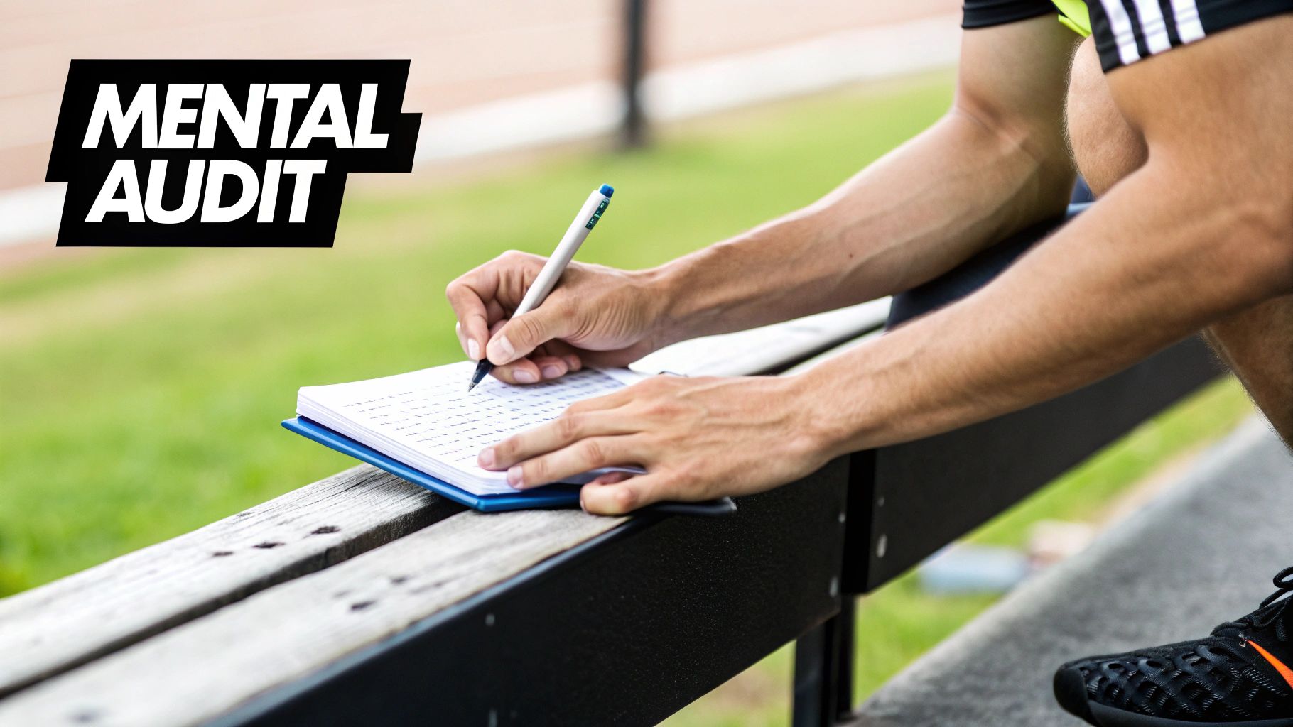 Athlete writing in a notebook on a park bench, featuring 'MENTAL AUDIT' text overlay.