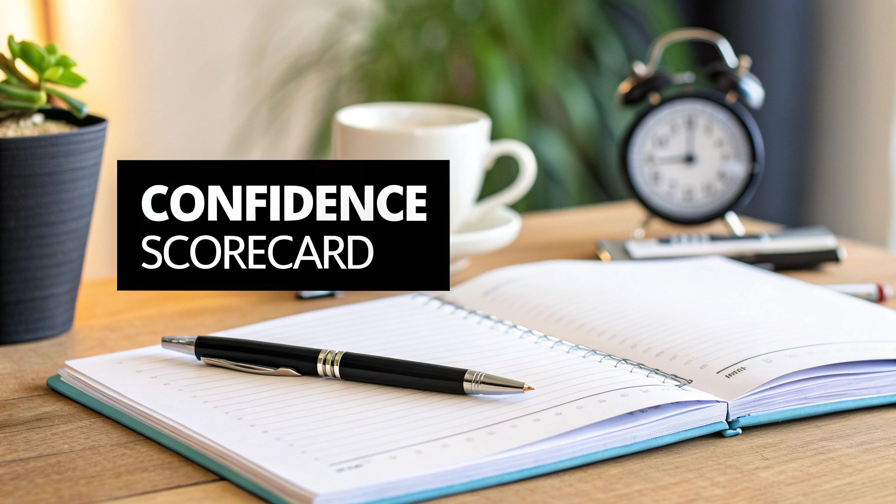 A desk setting with an open notebook, pen, coffee, and a plant, featuring a 'CONFIDENCE SCORECARD' overlay.