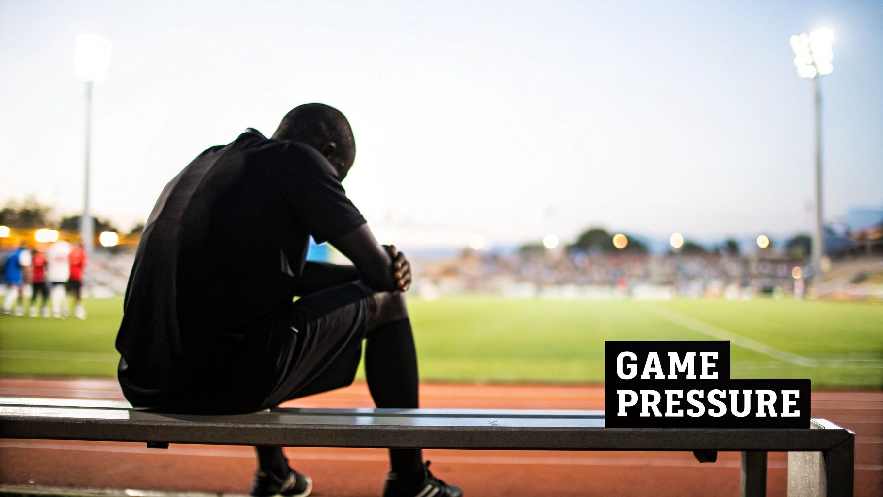 A disheartened athlete sits alone on a bench at a stadium, with bright lights and a football field.