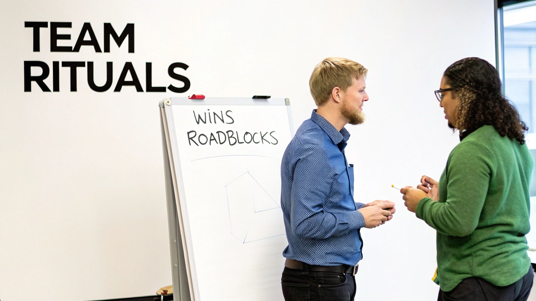 Two colleagues discuss wins and roadblocks during a team ritual meeting with a whiteboard.