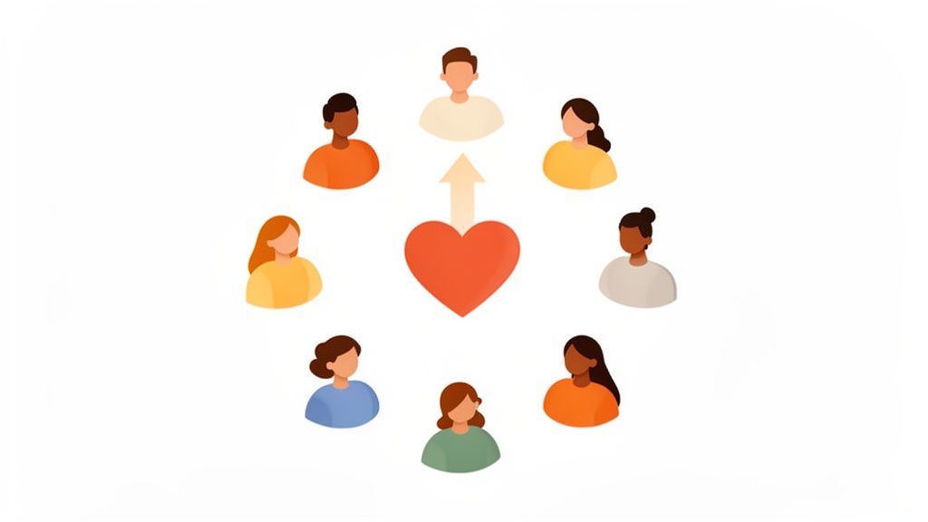 Diverse people surrounding a central heart with an upward arrow, representing shared values and connection.