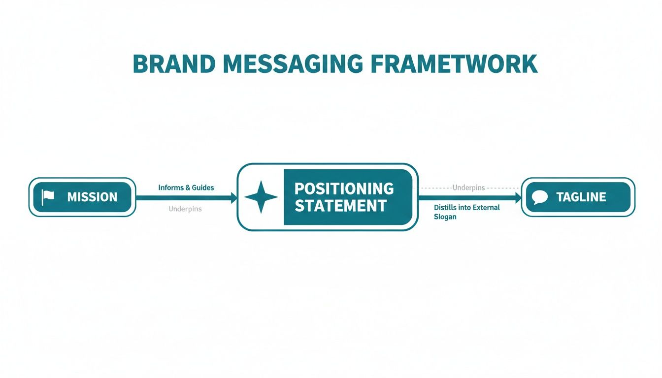 A brand messaging framework diagram illustrates how mission, positioning statement, and tagline are interconnected.