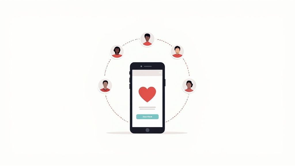 An illustration of a smartphone with a heart icon, encircled by diverse user profiles connected by dotted lines, suggesting social networking.