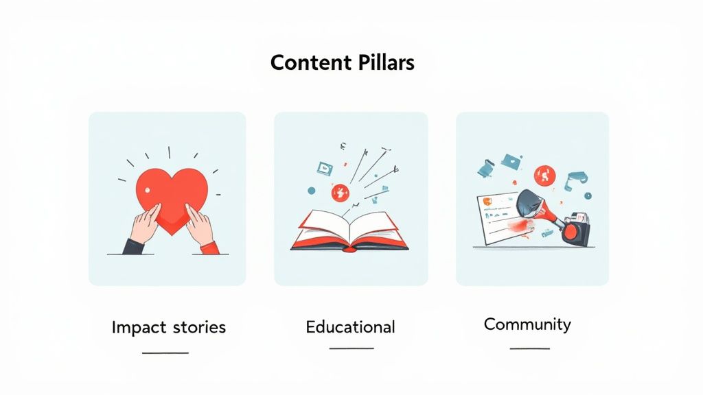 A presentation slide titled 'Content Pillars' showing 'Impact stories', 'Educational', and 'Community' content types.